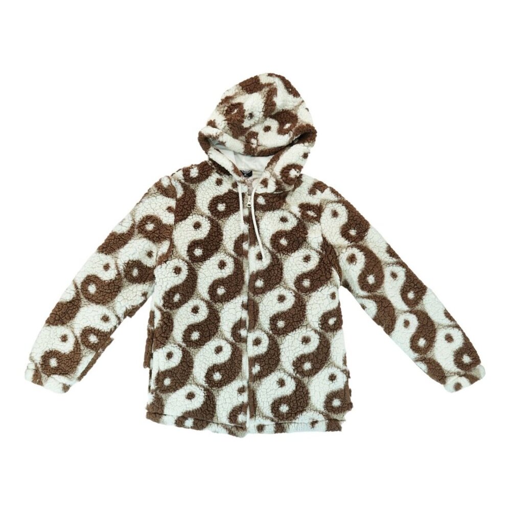 Pac Sun Sz XS YIN YANG Fur Fluffy Zip Hooded Jacket Parka Fleece Warm Oversized